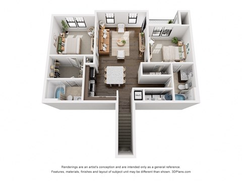 a stylized floor plan with a bedroom and a living room